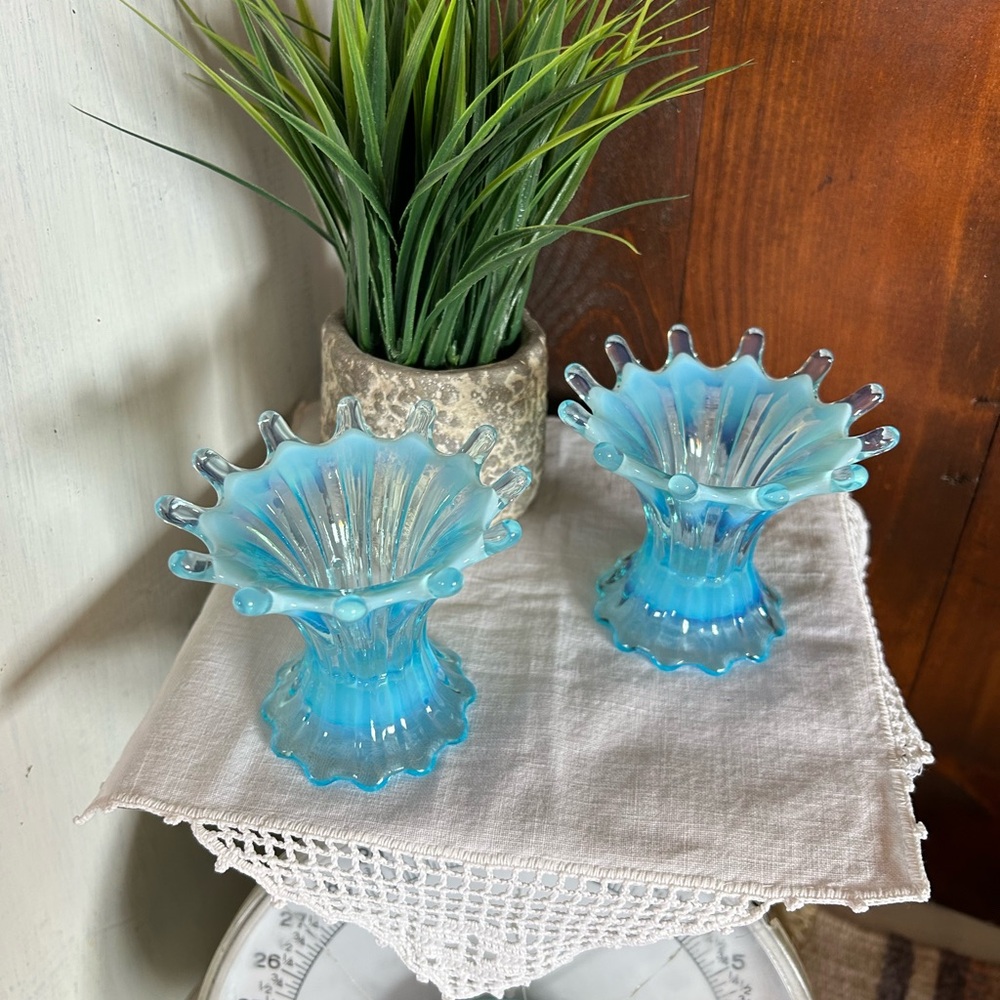 Vintage Fostoria Heirloom blue opalescent swung glass candle holders